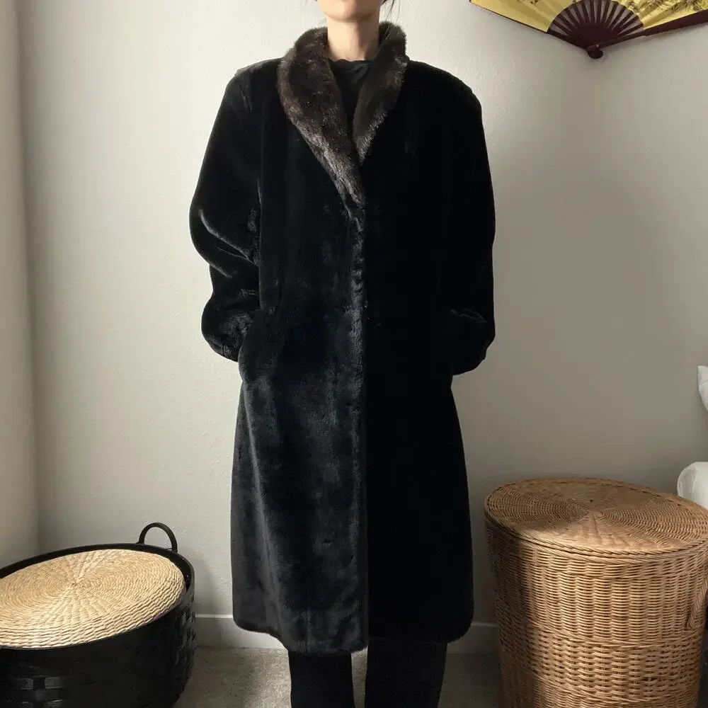 80s vintage black brown minimalist classic faux fur long winter coat - Picture 1 of 8
